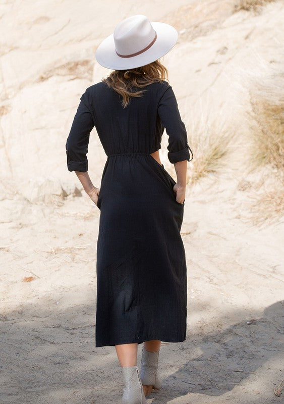 3/4 Sleeve Button Down Cut Out Midi Dress