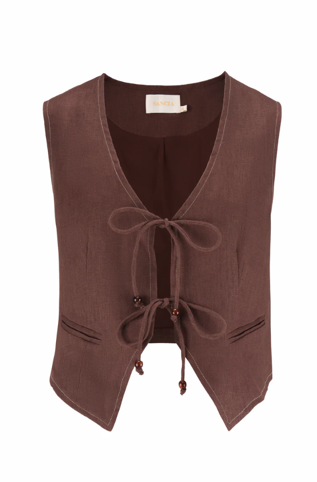 SANCIA - Drita Vest
cinnamon, vest, elegant, smart casual, business casual, tie up, front tie, front tie vest, summer top, summer tops, linen, linen blend, spring, spring top, spring tops, vacation top, vacation tops, resort, resortwear, holiday, holidays, australia, australian, australian made, australian owned, top, tops, shirt, tie up top, tie up vest, tie up shirt, tie up tops, tie up vests, tie up shirts