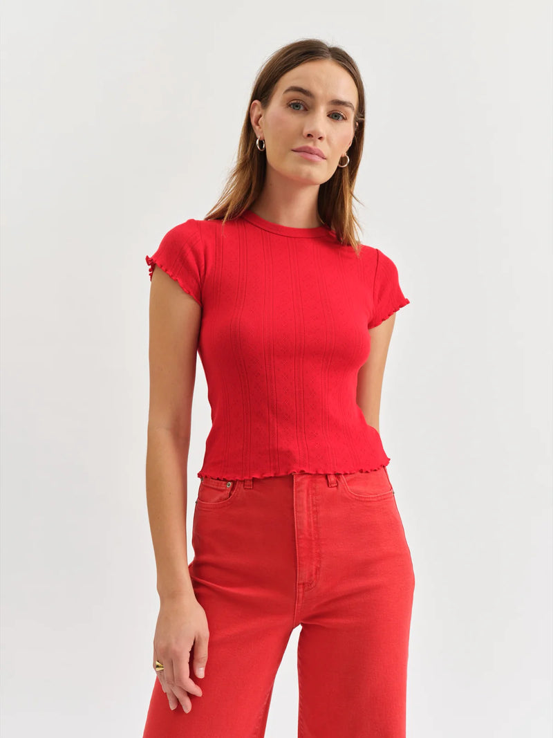 DAZE - Lily Baby Tee
baby tee, baby t, baby tee shirt, baby t-shirt, top, baby top, mini top, mini tee, shirt, top, tee, t-shirt, tee-shirt, ruffle edge, lettuce hem, ruffle hem, lettuce edge