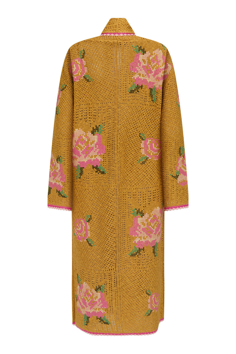 Mustard yellow cardigan with pink floral patterns on a white background
Coastal Granny Maxi Cardigan