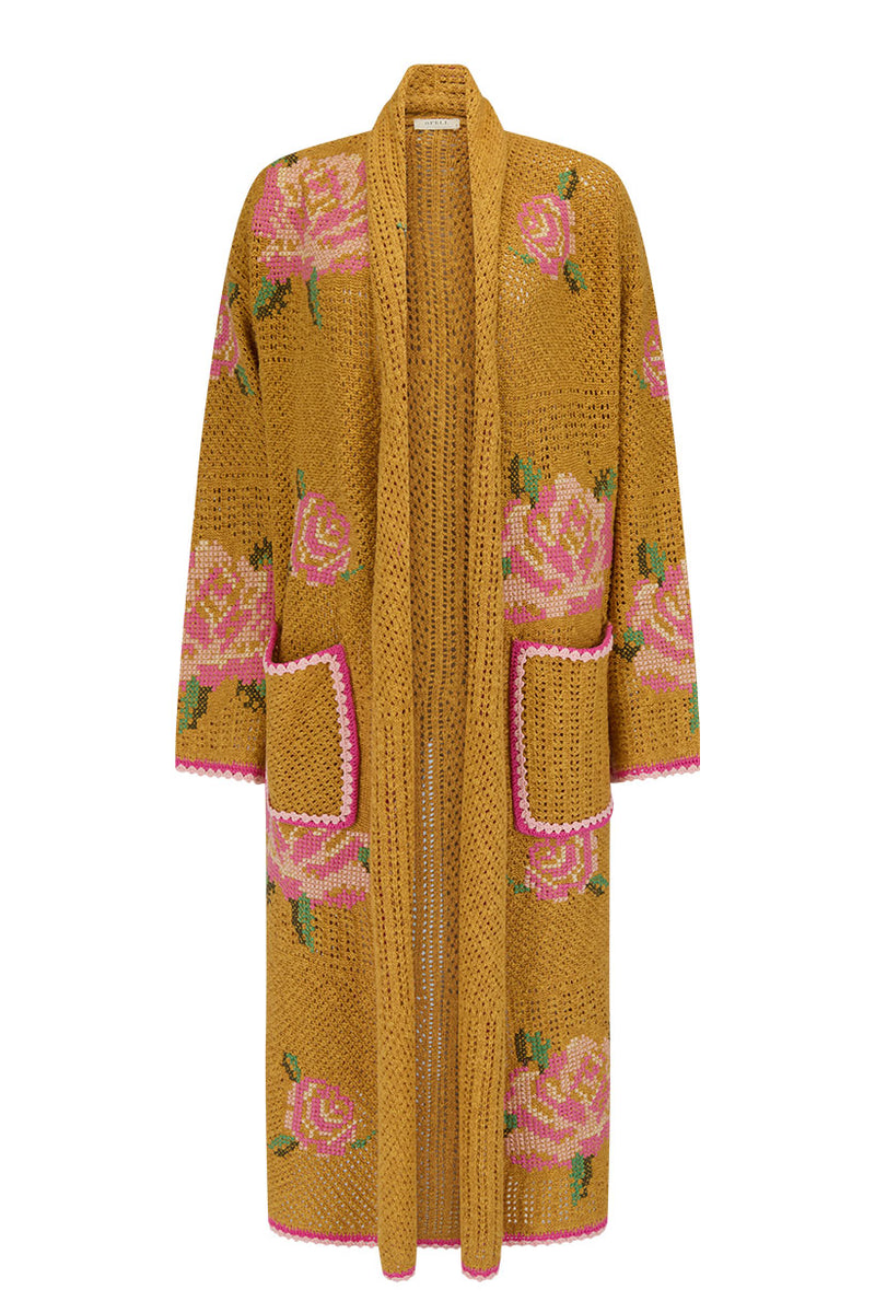 Mustard yellow cardigan with floral patterns on a white background
Coastal Granny Maxi Cardigan