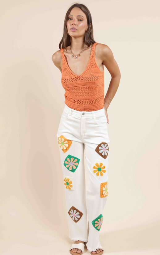 Full Bloom Crochet Patch Pants