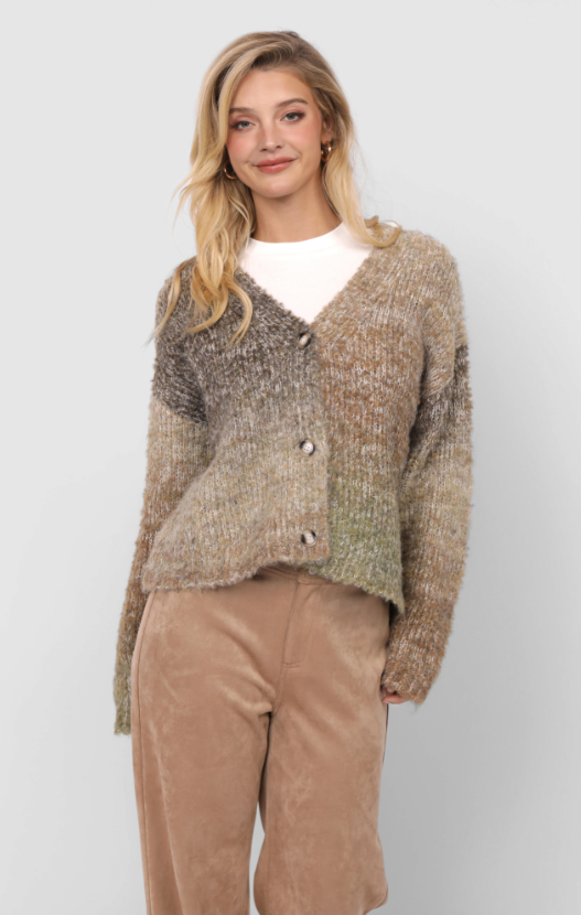 Woman wearing a multicoloured cardigan over a white shirt with beige pants on a plain background
Smiley Ombre Knit Cardigan