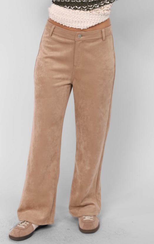 Woman wearing a patterned sweater and beige pants on a white background
Tuscany Faux Suede Pants