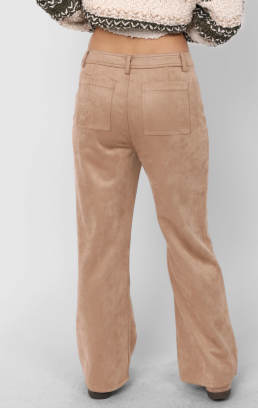 Tan suede pants worn by a person on a light gray background
Tuscany Faux Suede Pants