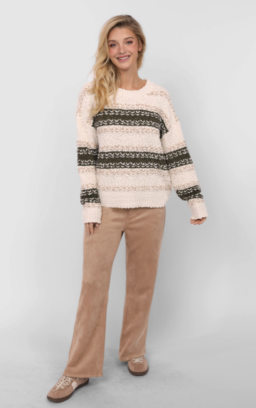 Woman wearing a patterned sweater and beige pants on a white background
Tuscany Faux Suede Pants