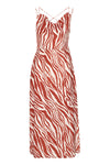 ICHI - Yardeen Dress
dress, long dress, maxi dress, midi dress, zebra print, zebra print dress, strappy dress, summer dress, spring dress, resort wear, holiday wear, resort dress

image shows a rust coloured zebra print maxi dress with a high waist seam. it has a cowl neck and the straps are thin with a strappy open back