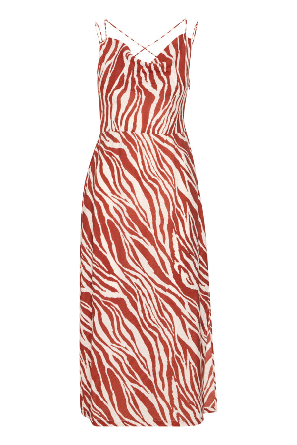 ICHI - Yardeen Dress
dress, long dress, maxi dress, midi dress, zebra print, zebra print dress, strappy dress, summer dress, spring dress, resort wear, holiday wear, resort dress

image shows a rust coloured zebra print maxi dress with a high waist seam. it has a cowl neck and the straps are thin with a strappy open back