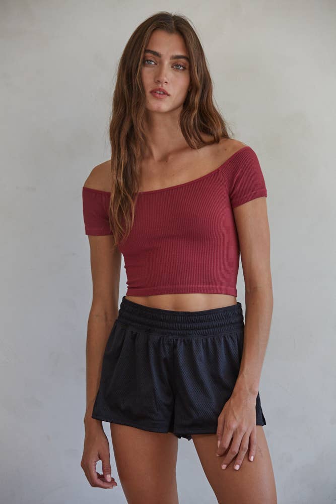 Seamless Ribbed Off Shoulder Crop Top