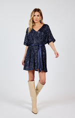 Sky High V Neck Sequin Dress w/ Tie Belt