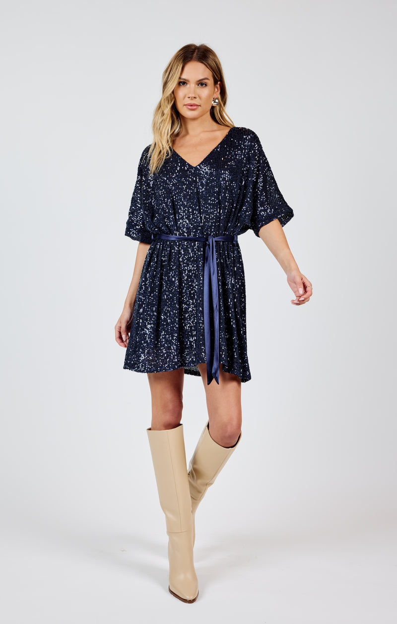 Sky High V Neck Sequin Dress w/ Tie Belt