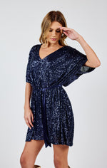 Sky High V Neck Sequin Dress w/ Tie Belt